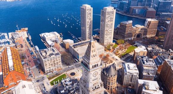 Vista aérea del distrito financiero de Boston